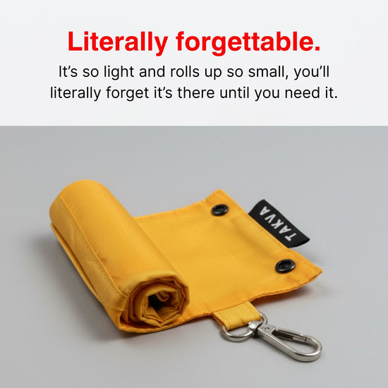 Yellow SalahTag portable prayer mat rolled up with carabiner, lightweight and compact